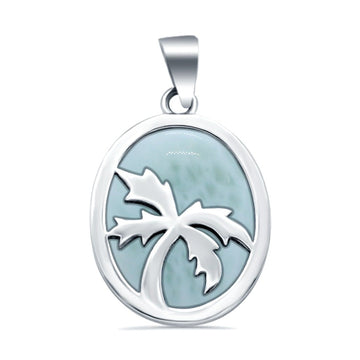 Oval Palm Tree Design Pendant Larimar 925 Sterling Silver
